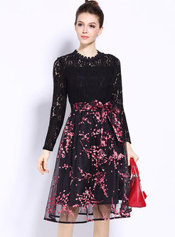Lace Stitching Mesh Floral Print Skater Dress