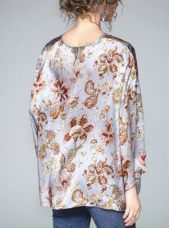 Silk Floral Print Loose Long Sleeve Blouse