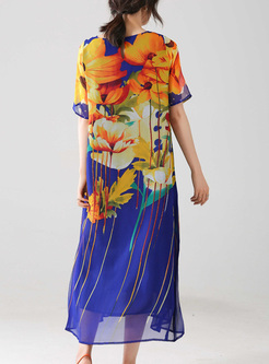 Loose Silk Floral Print Shift Dress