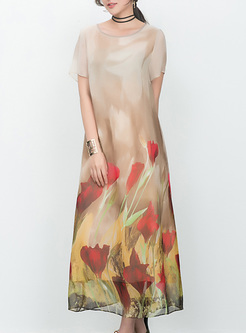 Loose Floral Print Silk Maxi Dress