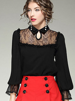 Work Lace Splicing Turn-down Collar Long Sleeve Blouse 