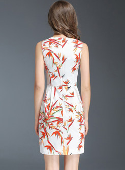 Casual Maple Leaves Print O-neck Sleeveless Slim Bodycon Dress 