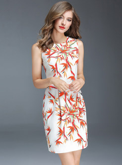 Casual Maple Leaves Print O-neck Sleeveless Slim Bodycon Dress 