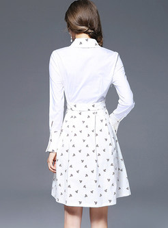 Casual Splicing Print Turn-down Collar Long Sleeve Belted Skater Dress 