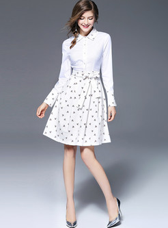 Casual Splicing Print Turn-down Collar Long Sleeve Belted Skater Dress 