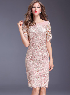Party Lace Embroidered Gauze Splicing O-neck Bodycon Dress 