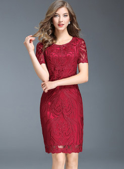 Party Embroidered Gauze Splicing O-neck Short Sleeve Bodycon Dress 