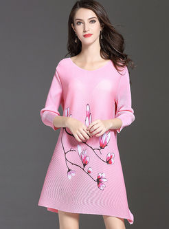Sweet Pink Print Loose Long Sleeve Shift Dress