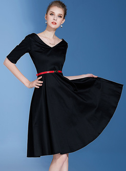 Elegant V-neck Half Sleeve Black A-line Dress