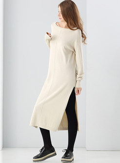 Brief Pure Color Slit O-neck Long Sleeve Loose Knitted Dress 