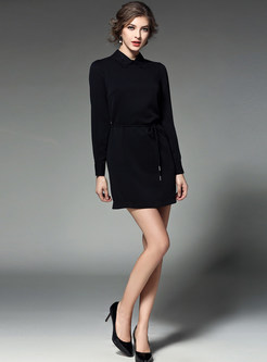 Party Turn-down Collar Long Sleeve Slim Belted Skater Dress 