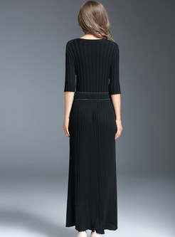 Casual Pleated O-neck Half Sleeve Splicing Slim Knitted Dress