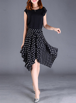 Chic Asymmetric Hem Dot Print Skirt