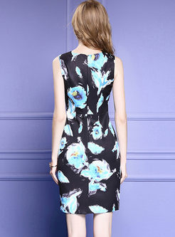 Blue Flower Print Sleeveless Bodycon Dress