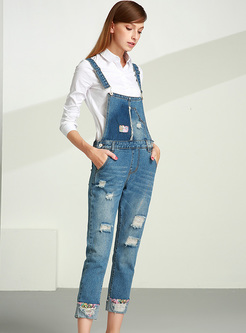 Street Hole Embroidery Denim Overalls