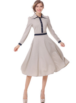 Work Splicing Pleated Color Blocking Turn-down Collar Long Sleeve Skater Dress 