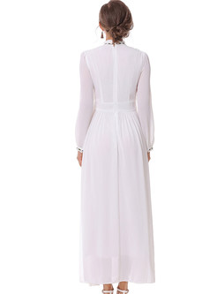 Party Embroidered Pure Color Stand Collar Long Sleeve Slim Maxi Dress 