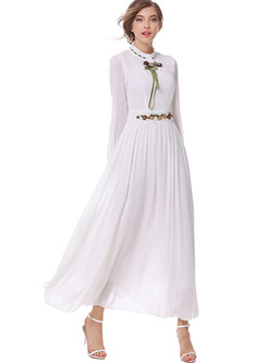 Party Embroidered Pure Color Stand Collar Long Sleeve Slim Maxi Dress 