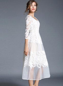 Party Embroidered Gauze Splicing Perspective V-neck Three Quarter Sleeve Maxi Dress 