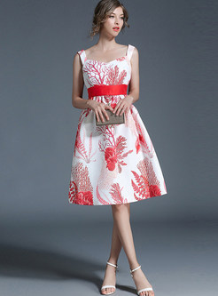 Party Coral Printing High Waist Belted Slim Skater Dress 