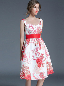 Party Coral Printing High Waist Belted Slim Skater Dress 