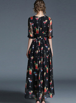 Bohemian Print Pleated V-neck Half Sleeve Slim Maxi Dress 