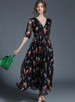 Bohemian Print Pleated V-neck Half Sleeve Slim Maxi Dress 