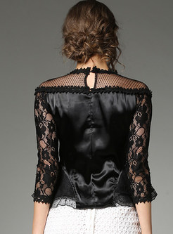 Sexy Lace Splicing Bead Falbala Hollow-out Perspective Blouse