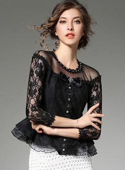 Sexy Lace Splicing Bead Falbala Hollow-out Perspective Blouse