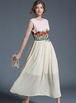 Casual Embroidered Splicing Pleated Slim Sleeveless Maxi Dress 