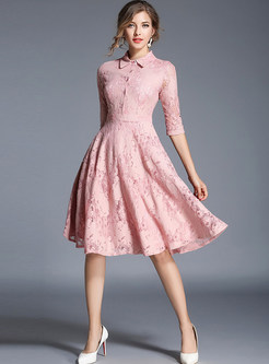 Brief Lace Splicing Embroidered Turn-down Collar Slim Skater Dress 