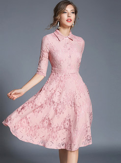 Brief Lace Splicing Embroidered Turn-down Collar Slim Skater Dress 
