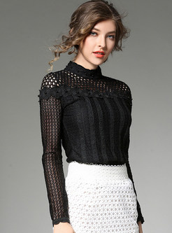 Sexy Hollow-out Lace Splicing Stand Collar Sheath T-shirt 