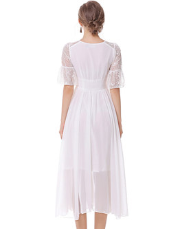 Sexy Lace Splicing Pleated Perspective Lotus Leaf Sleeve Slim Maxi Dress 