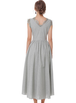 Brief Lace Splicing V-neck Sleeveless Slim Maxi Dress 