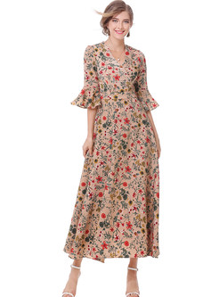 Casual Floral Print V-neck Three Quarter Sleeve Slim Maxi Dress 