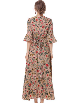 Casual Floral Print V-neck Three Quarter Sleeve Slim Maxi Dress 
