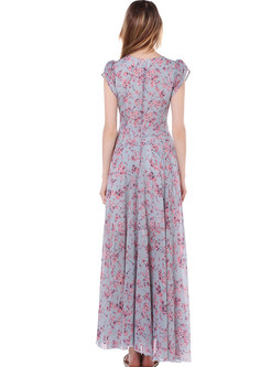 Casual Floral Print V-neck Short Sleeve Splicing Slim Maxi Dress 