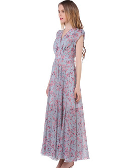 Casual Floral Print V-neck Short Sleeve Splicing Slim Maxi Dress 