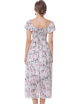 Casual Floral Print Splicing Pleated Lace Slim Maxi Dress 