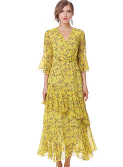 Casual Floral Print Asymmetrical V-neck Flare Sleeve Maxi Dress 