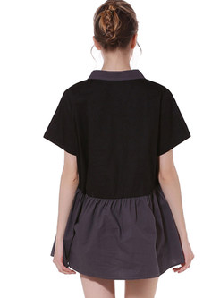 Casual Color Blocking Splicing Turn-down Collar Short Sleeve Blouse