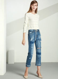 Brief V-neck Hollow Pullover Sweater