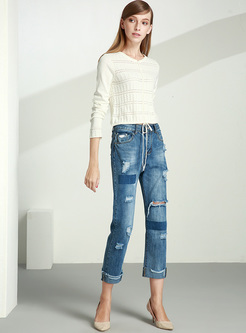 Causal Color-blocked Hole Straight Jeans