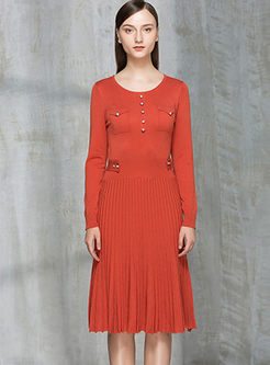 Brief Wrinkle Long Sleeve Knitted Dress