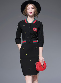 Casual Embroidered Splicing V-neck Half Sleeve Bodycon Dress 