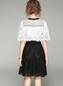 Sexy Lace Splicing Hollow-out Batwing Sleeve Slim Skater Dress 