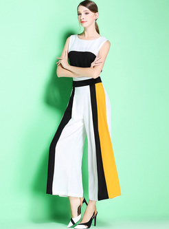 Street Color-blocked Sleeveless Two-piece Outfits