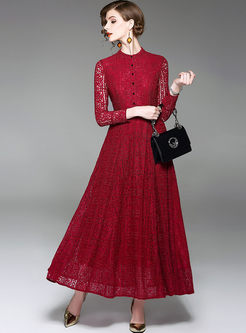Red Lace Stitching Long Sleeve Big Hem Maxi Dress
