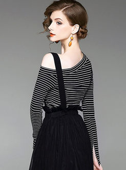 Black Striped Asymmetrical Long Sleeve T-shirt
